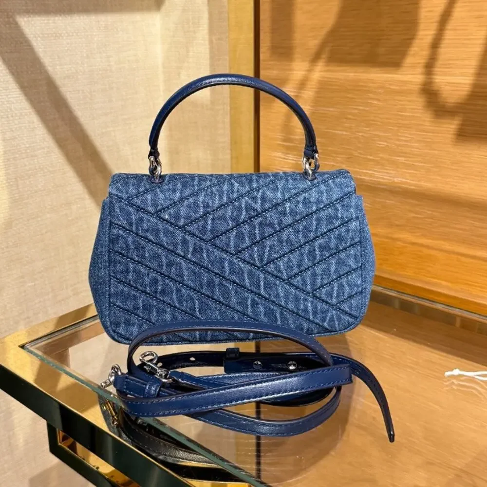 NEW‼️Tory Burch Willa Chevron Denim Top Handle 187351 $500